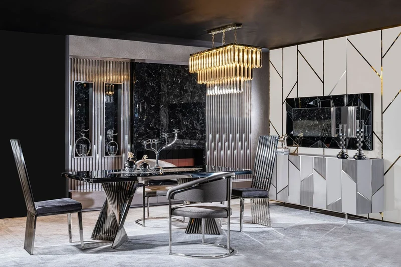 Casa Padrino Luxus Esstisch Schwarz / Silber 200 x 100 x H. 76 cm - Rechteckiger Esszimmertisch mit Glasplatte - Esszimmer Möbel - Luxus Möbel - Luxus Esszimmer Einrichtung