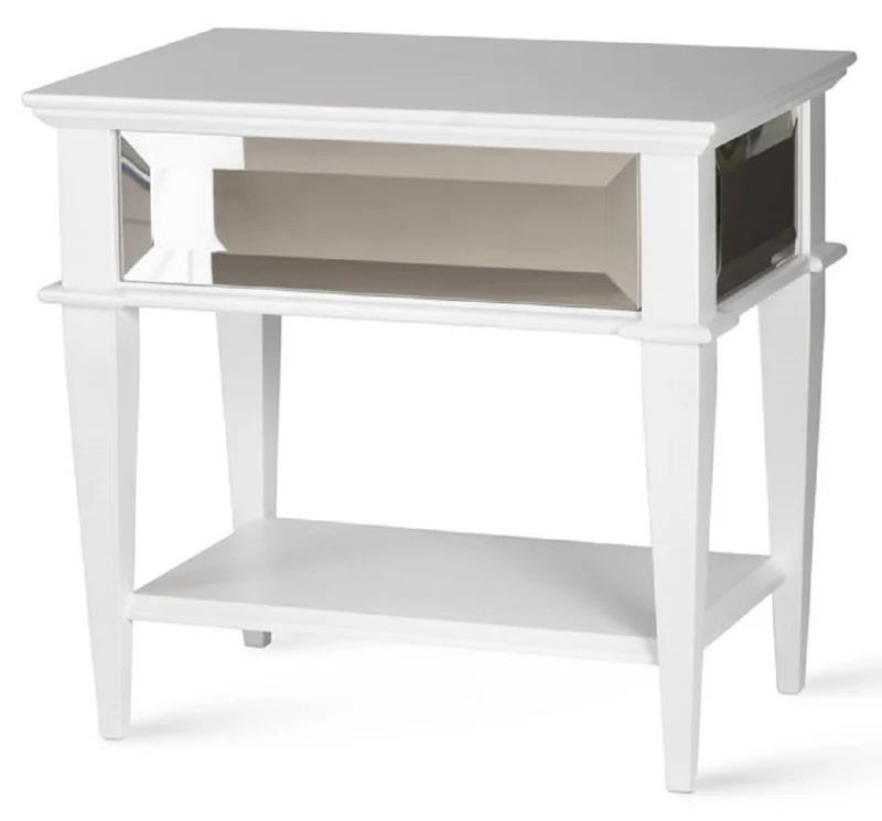 Casa Padrino Luxus Art Deco Nachttisch Weiß 60 x 40 x H. 56 cm - Verspiegelter Beistelltisch mit Schublade - Schlafzimmer Möbel - Kinderzimmer Möbel - Art Deco Möbel - Luxus Möbel