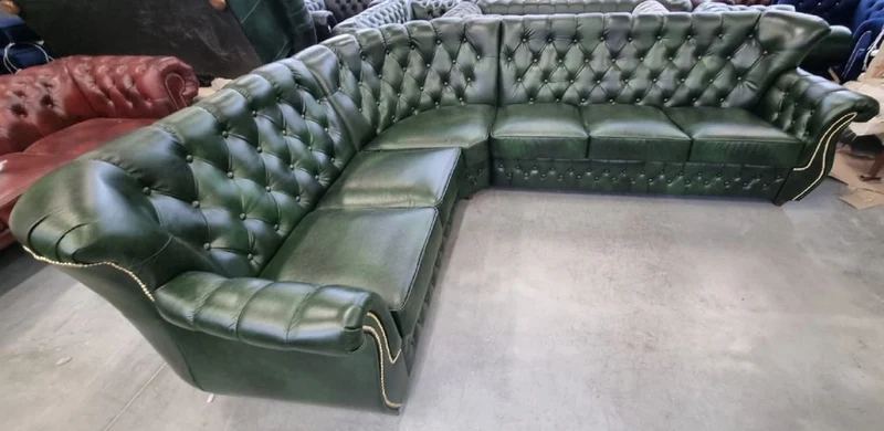 Casa Padrino Luxus Chesterfield Leder Ecksofa Vintage Grün 290 x 240 x H. 80 cm - Echtleder Wohnzimmer Sofa - Wohnzimmer Möbel - Chesterfield Möbel - Luxus Möbel - Luxus Wohnzimmer Einrichtung