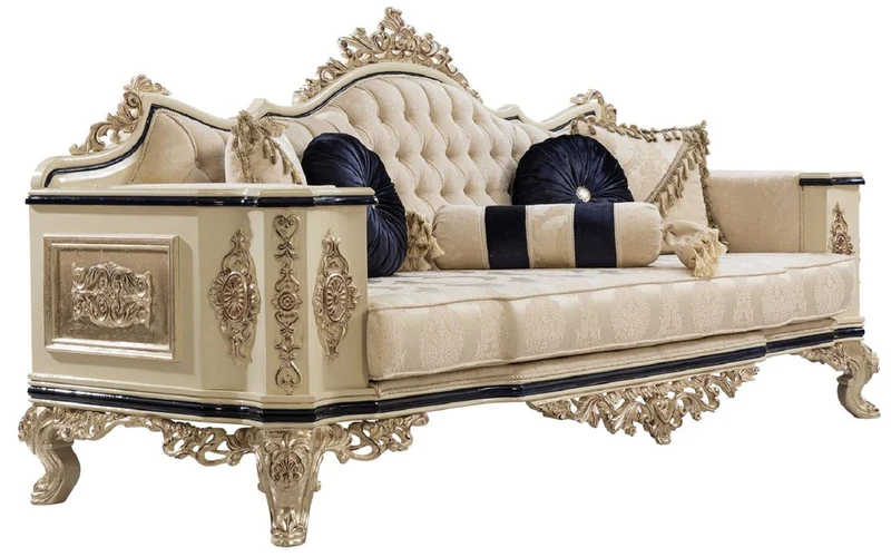 Casa Padrino Luxus Barock Sofa Weiß / Creme / Schwarz / Antik Gold - Barockstil Wohnzimmer Sofa mit elegantem Muster - Luxus Wohnzimmer Möbel im Barockstil - Barock Einrichtung - Barock Möbel