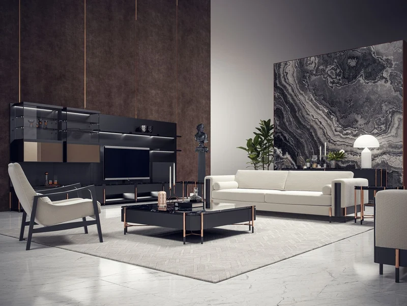 Casa Padrino Luxus TV Schrank Matt Schwarz / Schwarz / Kupfer 452 x 47 x H. 202 cm - Wohnzimmer Schrank mit LED Beleuchtung - Wohnzimmer Möbel - Hotel Möbel - Luxus Möbel