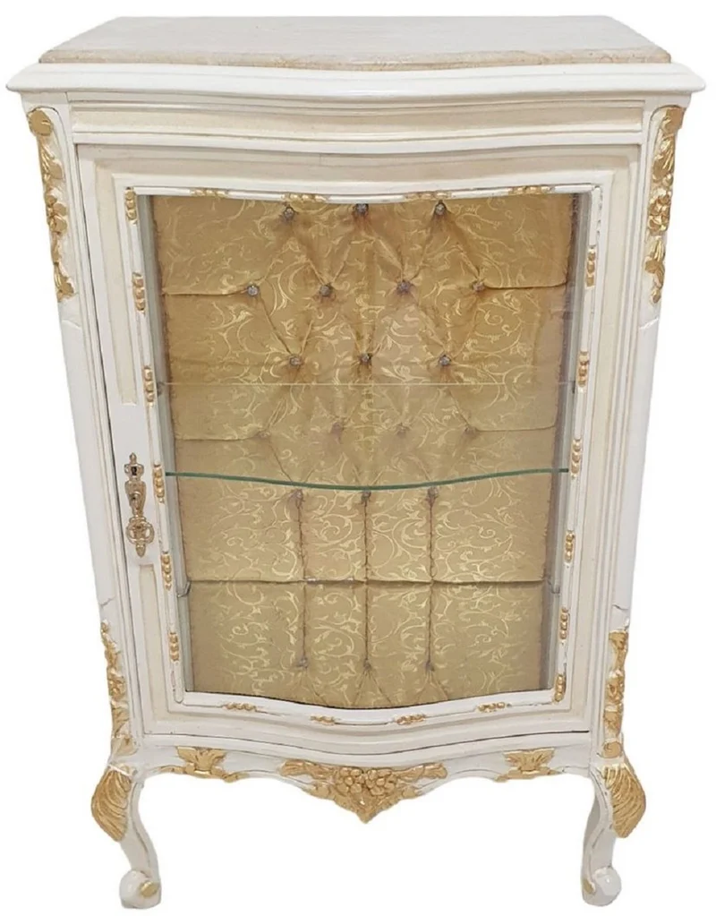 Casa Padrino Barock Vitrine Weiß / Creme / Gold - Handgefertigter Massivholz Vitrinenschrank mit Glitzersteinen und Marmorplatte - Wohnzimmer Möbel im Barockstil - Barock Möbel
