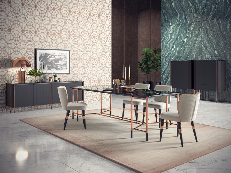 Casa Padrino Luxus Esszimmer Stuhl 8er Set Weiß / Schwarz / Kupfer 50 x 54 x H. 83 cm - Esszimmer Möbel - Restaurant Möbel - Hotel Möbel - Luxus Möbel - Luxus Kollektion