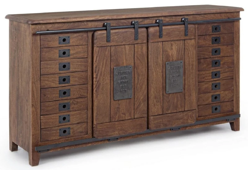 Casa Padrino Luxus Vintage Stil Sideboard mit 2 Schiebetüren und 16 Schubladen Dunkelbraun 168 x 43 x H. 94 cm - Massivholz Schrank - Vintage Stil Möbel - Luxus Möbel - Massivholz Möbel