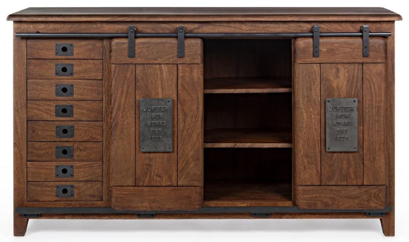 Casa Padrino Luxus Vintage Stil Sideboard mit 2 Schiebetüren und 16 Schubladen Dunkelbraun 168 x 43 x H. 94 cm - Massivholz Schrank - Vintage Stil Möbel - Luxus Möbel - Massivholz Möbel