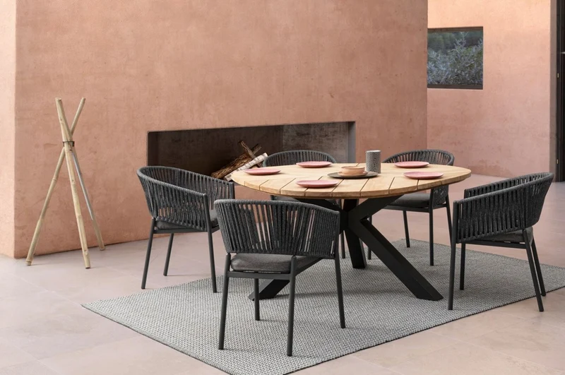Casa Padrino Luxus Gartentisch Naturfarben / Schwarz Ø 160 x H. 77 cm - Garten Esstisch mit Teakholz Tischplatte und Aluminium Beinen - Garten & Terrassen Tisch - Luxus Garten & Terrassen Möbel