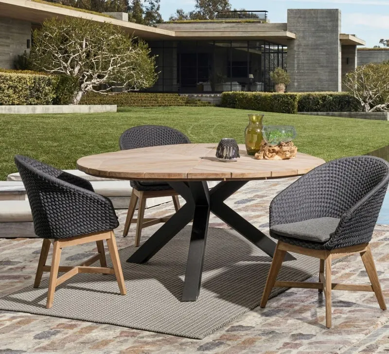 Casa Padrino Luxus Gartentisch Naturfarben / Schwarz Ø 160 x H. 77 cm - Garten Esstisch mit Teakholz Tischplatte und Aluminium Beinen - Garten & Terrassen Tisch - Luxus Garten & Terrassen Möbel