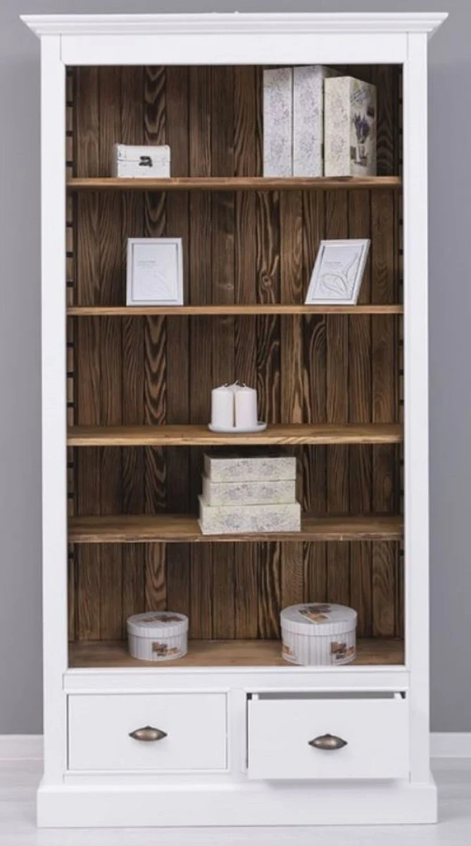 Casa Padrino Landhausstil Bücherschrank Weiß / Braun 109 x 39 x H. 210 cm - Massivholz Schrank - Regalschrank - Wohnzimmerschrank - Büroschrank - Landhausstil Möbel