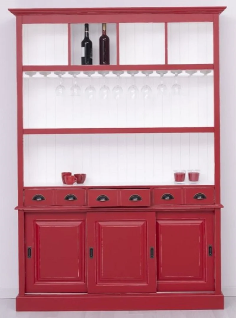 Casa Padrino Landhausstil Massivholz Barschrank Antik Rot / Weiß 151 x 36 x H. 210 cm - Massivholz Weinschrank im Landhausstil - Massivholz Bar Möbel - Landhausstil Bar Möbel