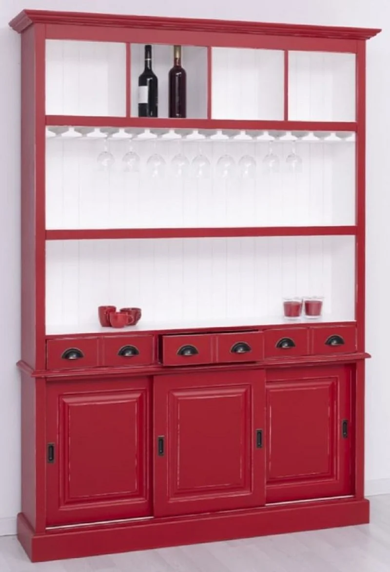 Casa Padrino Landhausstil Massivholz Barschrank Antik Rot / Weiß 151 x 36 x H. 210 cm - Massivholz Weinschrank im Landhausstil - Massivholz Bar Möbel - Landhausstil Bar Möbel