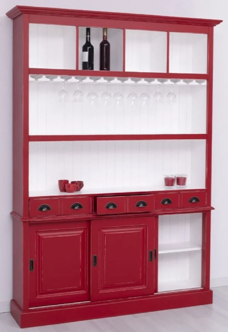 Casa Padrino Landhausstil Massivholz Barschrank Antik Rot / Weiß 151 x 36 x H. 210 cm - Massivholz Weinschrank im Landhausstil - Massivholz Bar Möbel - Landhausstil Bar Möbel