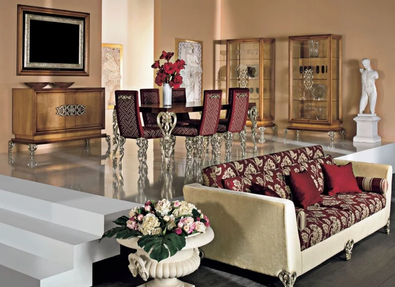 Casa Padrino Luxus Barock Esszimmer Set Braun / Bordeauxrot / Antik Silber - 1 Barock Esstisch & 6 Barock Esszimmerstühle - Luxus Esszimmer Möbel im Barockstil - Luxus Qualität - Made in Italy