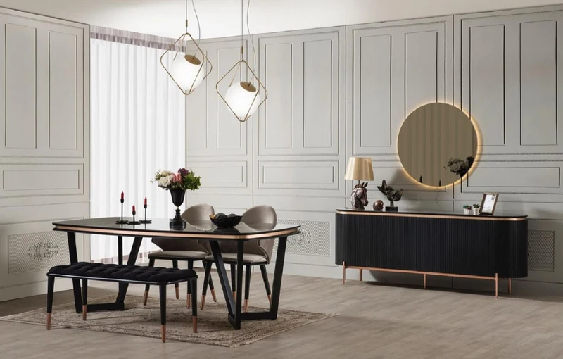 Casa Padrino Luxus Esszimmerstuhl 4er Set mit Armlehnen Grau / Schwarz / Kupfer 52 x 52 x H. 88 cm - Esszimmer Möbel - Restaurant Möbel - Esszimmer Einrichtung - Luxus Möbel - Luxus Einrichtung