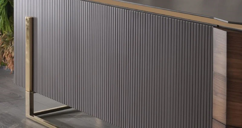 Casa Padrino Luxus Sideboard Grau / Braun / Gold 220 x 53 x H. 82 cm - Massivholz Schrank mit 2 Türen und 3 Schubladen - Esszimmer Möbel - Luxus Möbel - Luxus Kollektion