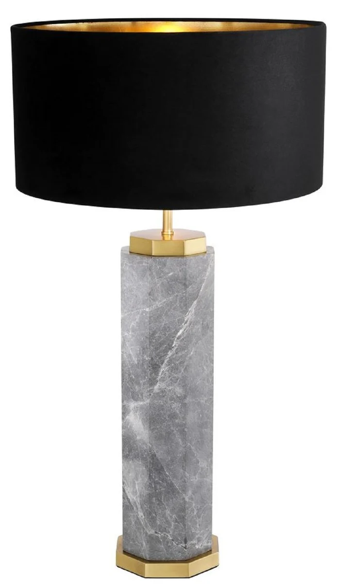 Casa Padrino Luxus Tischleuchte Grau / Antik Messing / Schwarz Ø 40 x H. 75 cm - Marmor Schreibtischleuchte mit rundem Samt Lampenschirm - Luxus Tischleuchten - Luxus Schreibtischleuchten