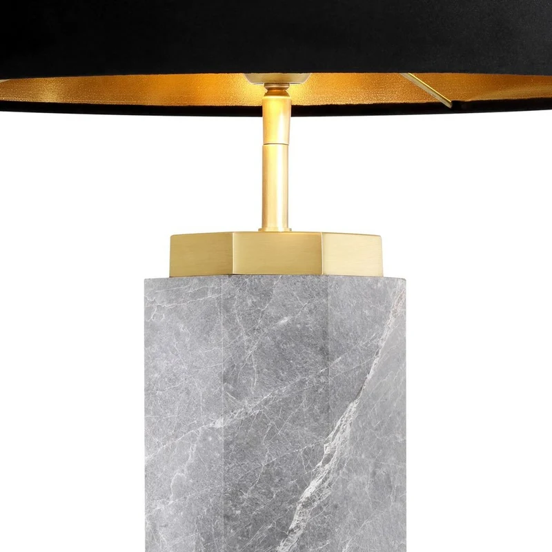 Casa Padrino Luxus Tischleuchte Grau / Antik Messing / Schwarz Ø 40 x H. 75 cm - Marmor Schreibtischleuchte mit rundem Samt Lampenschirm - Luxus Tischleuchten - Luxus Schreibtischleuchten