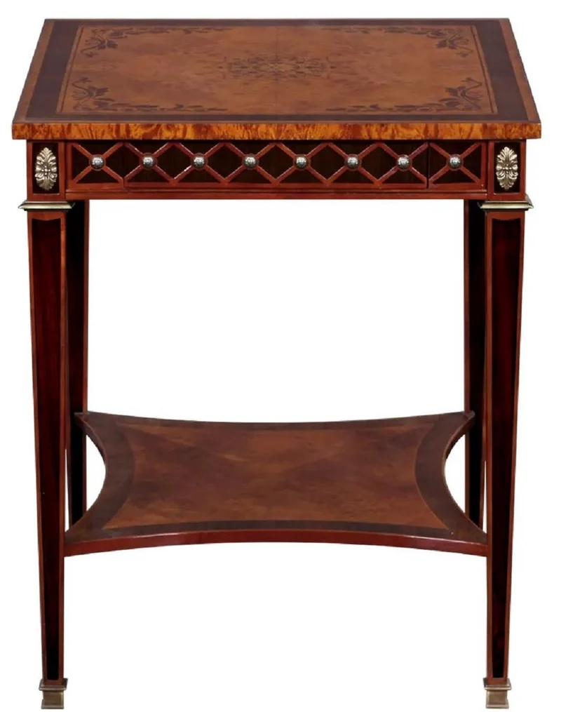 Casa Padrino Luxus Art Deco Beistelltisch Naturfarben / Braun Intarsien / Silber / Antik Messing 61 x 61 x H. 77 cm - Quadratischer Massivholz Tisch mit Schublade - Luxus Art Deco Wohnzimmer Möbel