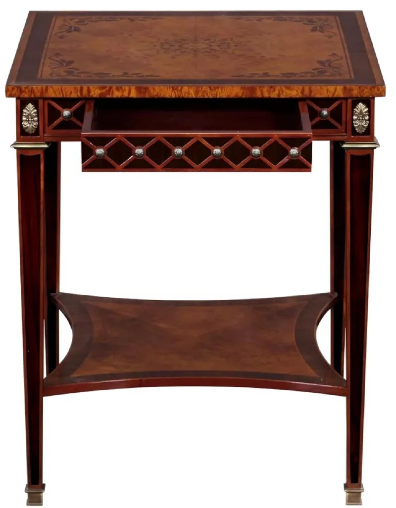 Casa Padrino Luxus Art Deco Beistelltisch Naturfarben / Braun Intarsien / Silber / Antik Messing 61 x 61 x H. 77 cm - Quadratischer Massivholz Tisch mit Schublade - Luxus Art Deco Wohnzimmer Möbel