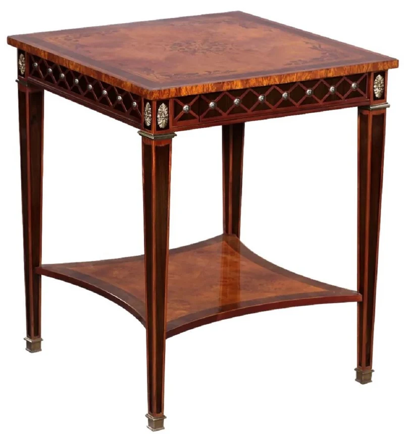 Casa Padrino Luxus Art Deco Beistelltisch Naturfarben / Braun Intarsien / Silber / Antik Messing 61 x 61 x H. 77 cm - Quadratischer Massivholz Tisch mit Schublade - Luxus Art Deco Wohnzimmer Möbel
