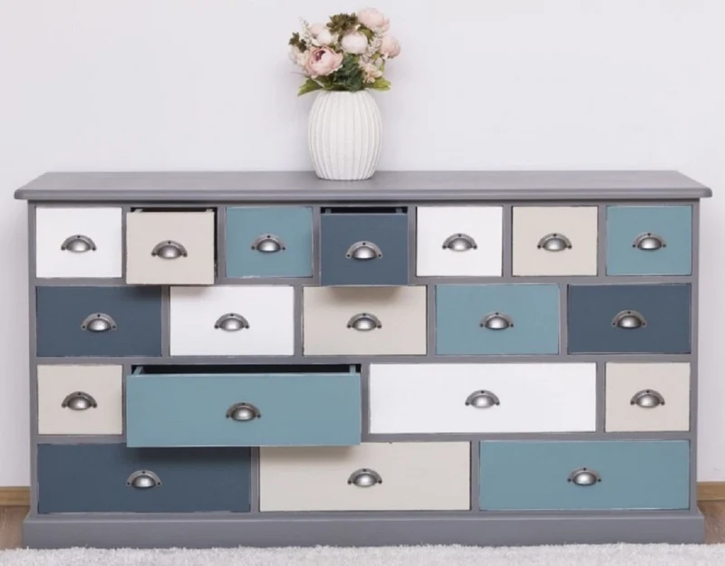Casa Padrino Landhausstil Kommode Grau / Mehrfarbig 180 x 48 x H. 95 cm - Massivholz Schrank mit 19 Schubladen - Landhausstil Möbel - Möbel im Landhausstil - Landhausstil Einrichtung