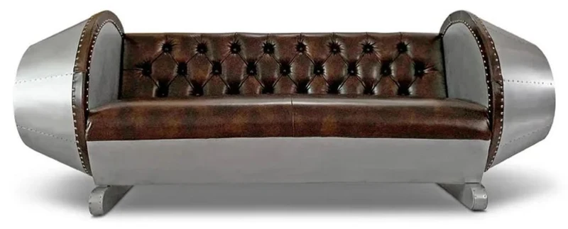 Casa Padrino Chesterfield Leder Sofa Silber / Braun 240 x 82 x H. 91 cm - Echtleder Wohnzimmer Sofa - Flugzeug Möbel - Flieger Möbel - Chesterfield Möbel - Wohnzimmer Möbel - Echtleder Möbel