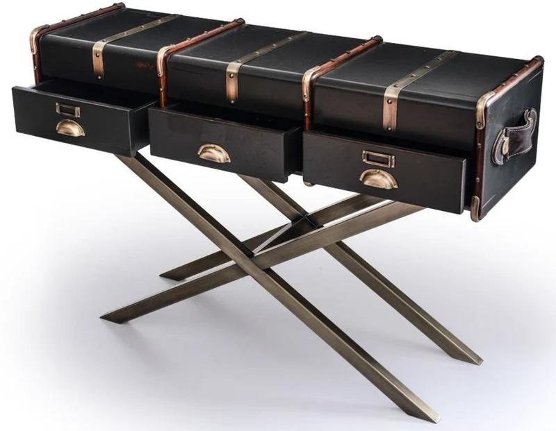 Casa Padrino Luxus Konsole in Koffer Optik Schwarz / Braun / Messing 120 x 39 x H. 83 cm - Konsolentisch mit 3 Schubladen - Schlafzimmer Konsole - Schlafzimmer Möbel - Luxus Möbel in Koffer Optik