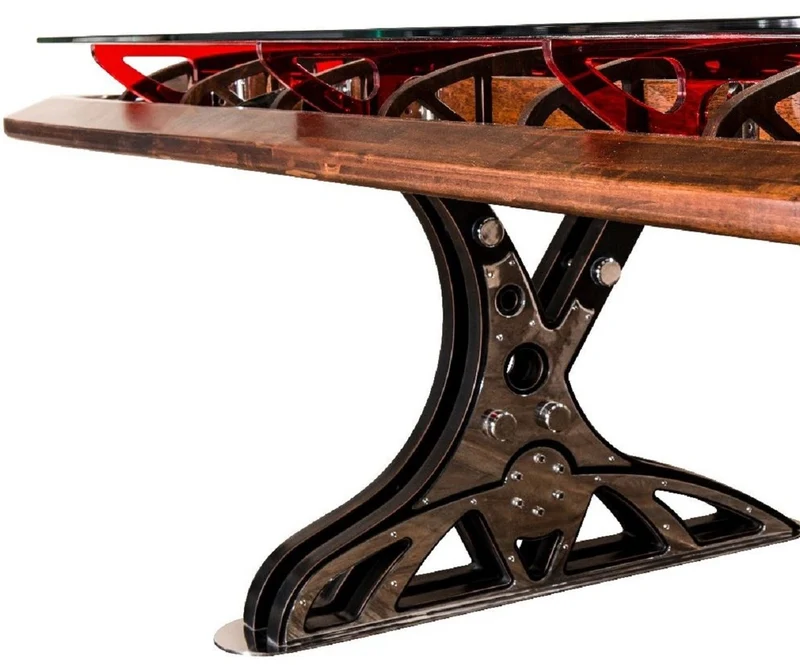 Casa Padrino Luxus Industrie Stil Schreibtisch mit Glasplatte Silber / Braun / Rot 333 x 125 x H. 78,5 cm - Industrie Stil Bürotisch - Industrie Stil Büro Möbel - Luxus Industrie Stil Möbel
