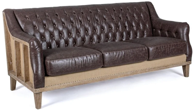 Casa Padrino Luxus Chesterfield Kunstleder Sofa Dunkelbraun / Naturfarben 194,5 x 85 x H. 85 cm - Wohnzimmer Sofa - Wohnzimmer Möbel - Chesterfield Möbel - Luxus Möbel - Luxus Einrichtung