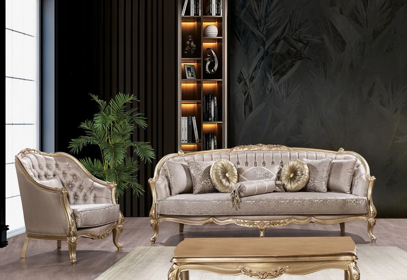 Casa Padrino Luxus Barock Sofa Silber / Gold - Barockstil Wohnzimmer Sofa mit elegantem Muster - Luxus Wohnzimmer Möbel im Barockstil - Barock Möbel - Barock Einrichtung