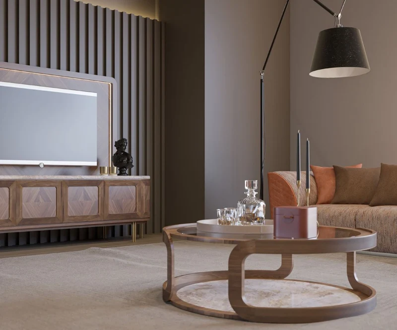 Casa Padrino Luxus Couchtisch Braun / Beige Ø 120 x H. 40 cm - Runder Massivholz Wohnzimmertisch mit Glasplatte und Marmorplatte - Wohnzimmer Möbel - Hotel Möbel - Luxus Möbel - Luxus Einrichtung