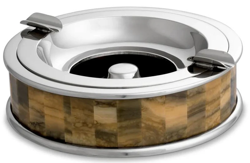 Casa Padrino Luxus Aschenbecher Silber / Braun Ø 20,5 x H. 6,5 cm - Runder dekorativer Aschenbecher - Deko Accessoires - Luxus Qualität