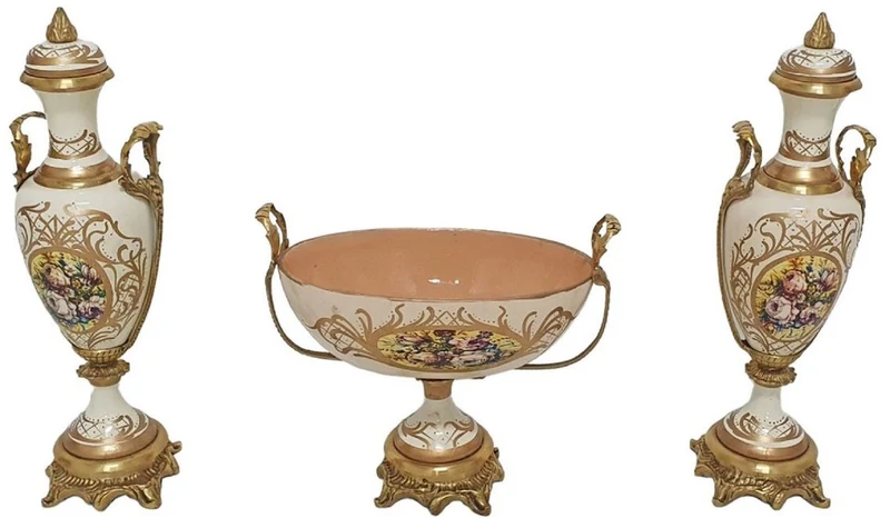 Casa Padrino Barock Deko Keramik Vasen Set mit Schale Creme / Mehrfarbig / Messing - Prunkvolle Deko im Barockstil - Barock Deko Accessoires - Barock Möbel - Edel & Prunkvoll