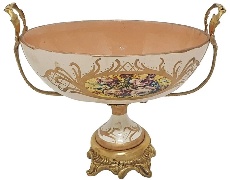 Casa Padrino Barock Deko Keramik Vasen Set mit Schale Creme / Mehrfarbig / Messing - Prunkvolle Deko im Barockstil - Barock Deko Accessoires - Barock Möbel - Edel & Prunkvoll