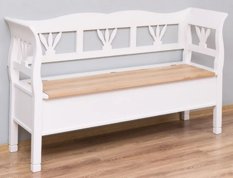 Casa Padrino Landhausstil Sitzbank Weiß / Naturfarben 163 x 48 x H. 92 cm - Massivholz Bank mit Stauraum - Massivholz Möbel - Landhausstil Möbel - Landhausstil Einrichtung