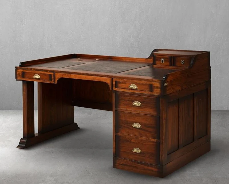 Casa Padrino Luxus Vintage Stil Schreibtisch Braun 160 x 85 x H. 93,5 cm - Massivholz Bürotisch mit 7 Schubladen - Vintage Stil Büro Möbel - Luxus Büro Möbel - Massivholz Büro Möbel