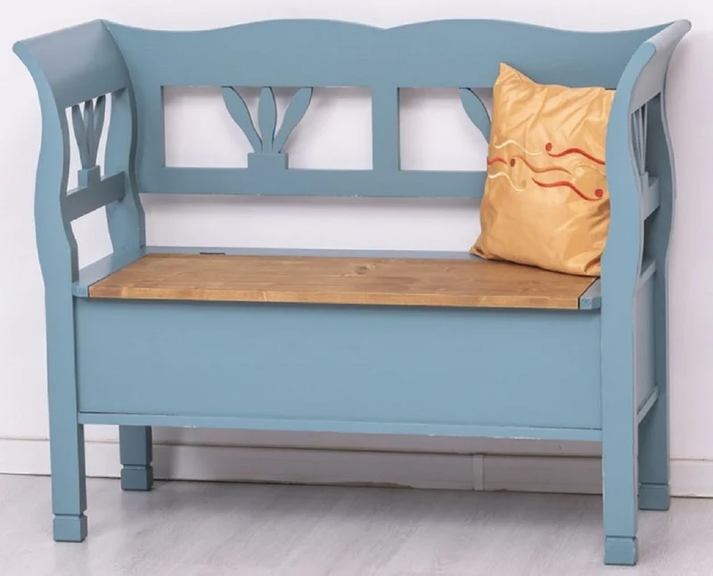 Casa Padrino Landhausstil Sitzbank Hellblau / Braun 117 x 48 x H. 92 cm - Massivholz Bank mit Stauraum - Massivholz Möbel - Landhausstil Möbel - Landhausstil Einrichtung