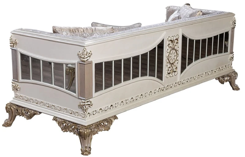 Casa Padrino Luxus Barock Sofa Silber / Weiß / Grau / Gold - Verspiegeltes Barockstil Wohnzimmer Sofa - Luxus Wohnzimmer Möbel im Barockstil - Barock Möbel - Barock Einrichtung