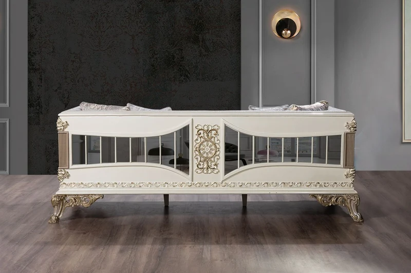 Casa Padrino Luxus Barock Sofa Silber / Weiß / Grau / Gold - Verspiegeltes Barockstil Wohnzimmer Sofa - Luxus Wohnzimmer Möbel im Barockstil - Barock Möbel - Barock Einrichtung
