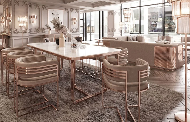 Casa Padrino Luxus Esszimmer Stuhl Set mit Armlehnen Grau / Kupfer 58 x 51 x H. 76 cm - Küchen Stühle 8er Set - Esszimmer Möbel - Restaurant Möbel - Luxus Möbel - Luxus Einrichtung