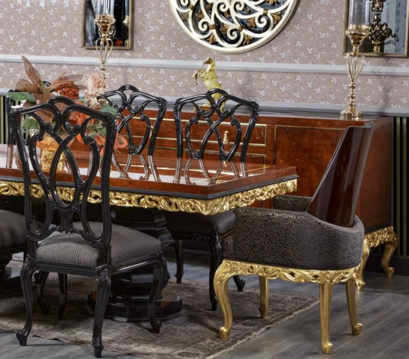 Casa Padrino Luxus Barock Esszimmer Set Braun / Schwarz / Gold - 1 Barock Esstisch & 8 Barock Esszimmerstühle - Luxus Esszimmer Möbel im Barockstil - Barock Möbel - Edel & Prunkvoll