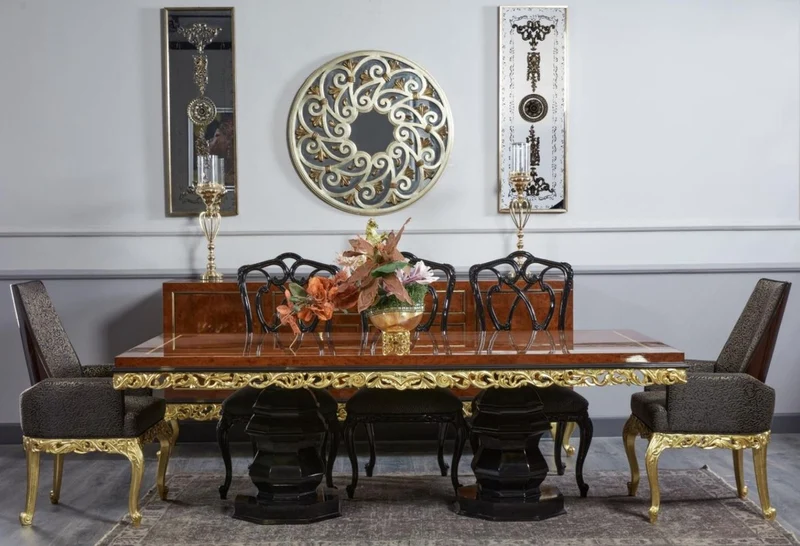 Casa Padrino Luxus Barock Esszimmer Set Braun / Schwarz / Gold - 1 Barock Esstisch & 8 Barock Esszimmerstühle - Luxus Esszimmer Möbel im Barockstil - Barock Möbel - Edel & Prunkvoll