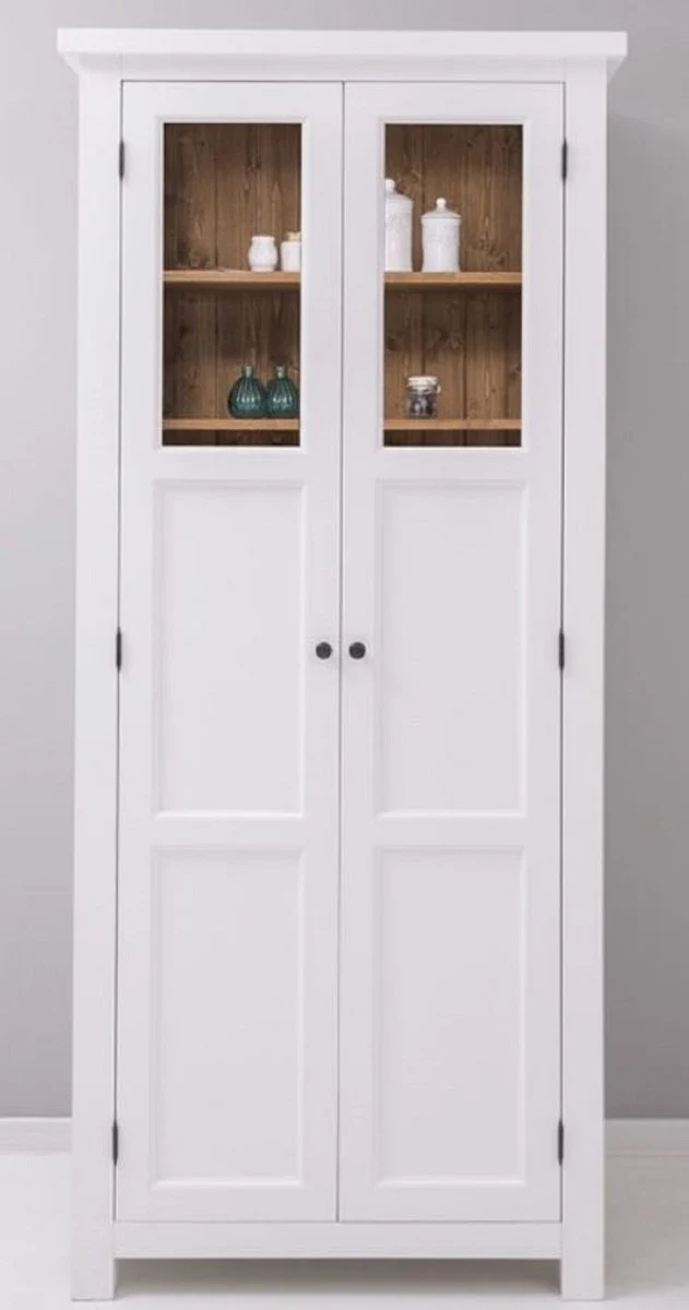 Casa Padrino Landhausstil Esszimmerschrank Weiß / Naturfarben 96 x 65 x H. 220 cm - Massivholz Küchenschrank mit 2 Türen - Esszimmer Möbel im Landhausstil - Landhausstil Esszimmer Einrichtung
