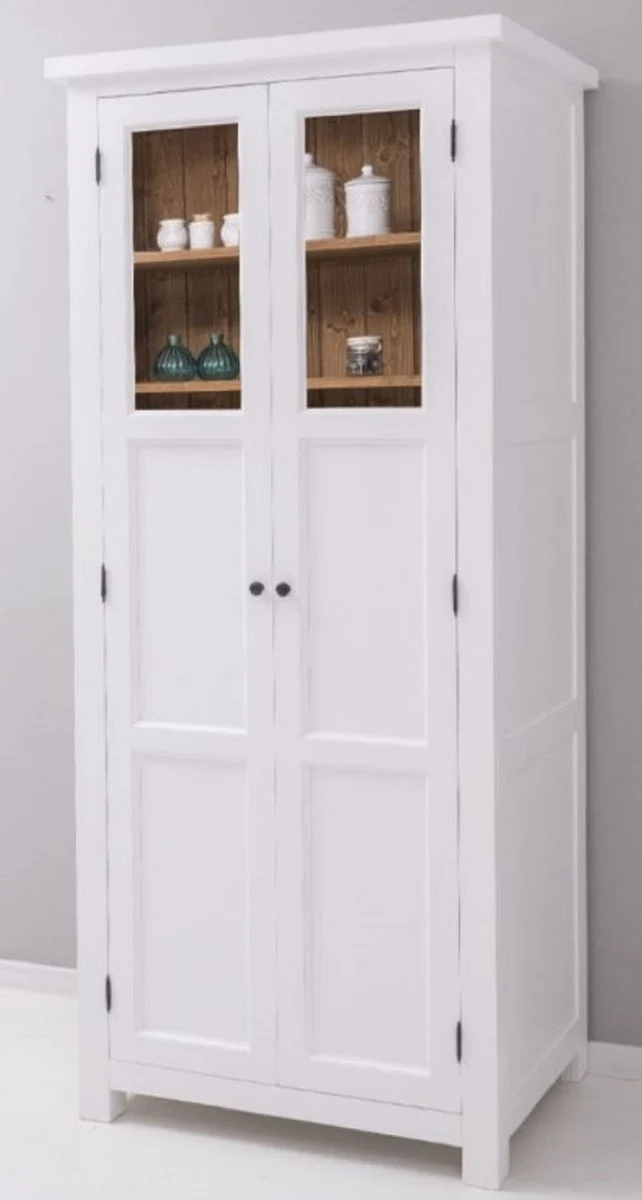 Casa Padrino Landhausstil Esszimmerschrank Weiß / Naturfarben 96 x 65 x H. 220 cm - Massivholz Küchenschrank mit 2 Türen - Esszimmer Möbel im Landhausstil - Landhausstil Esszimmer Einrichtung