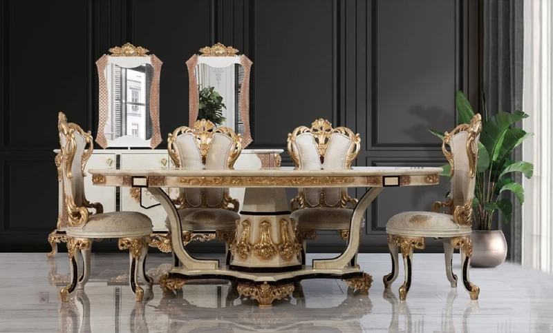 Casa Padrino Luxus Barock Esszimmerstuhl 6er Set Weiß / Creme / Beige / Schwarz / Gold - Barockstil Küchenstühle mit Muster - Luxus Esszimmer Möbel im Barockstil - Barock Esszimmer Möbel