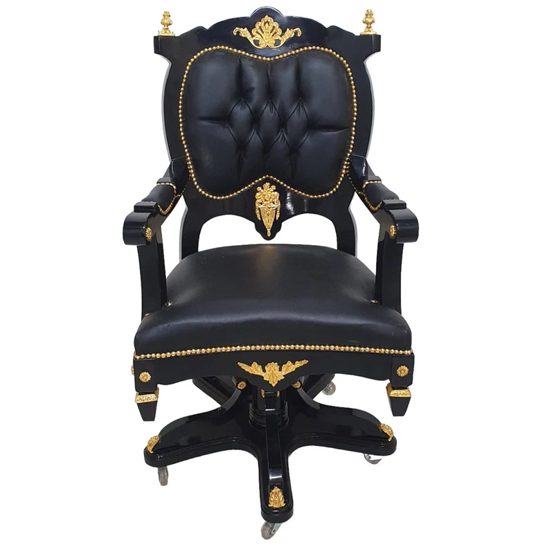 Casa Padrino Barock Bürostuhl Chefsessel Schwarz / Gold - Drehsessel - Büro Sessel