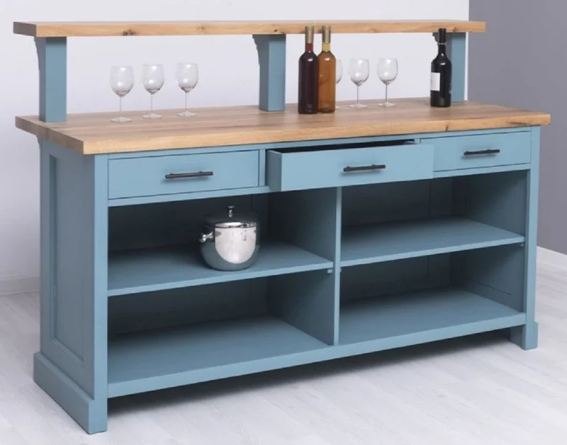 Casa Padrino Landhausstil Bar Theke Hellblau / Naturfarben 180 x 68 x H. 120 cm - Massivholz Thekentisch - Massivholz Barmöbel - Barmöbel im Landhausstil - Landhausstil Einrichtung