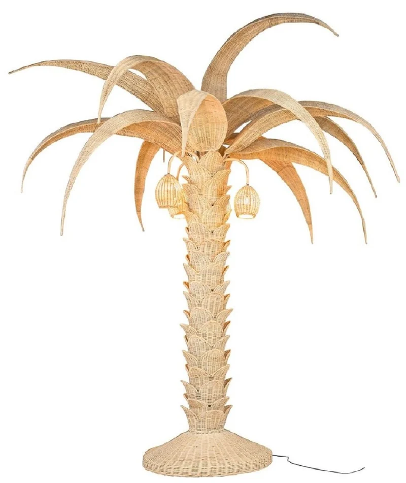 Casa Padrino Luxus Stehleuchte Palme Naturfarben Ø 260 x H. 280 cm - Rattan Stehlampe im Palmen Design - Wohnzimmer Stehleuchte - Luxus Leuchten - Luxus Stehleuchten
