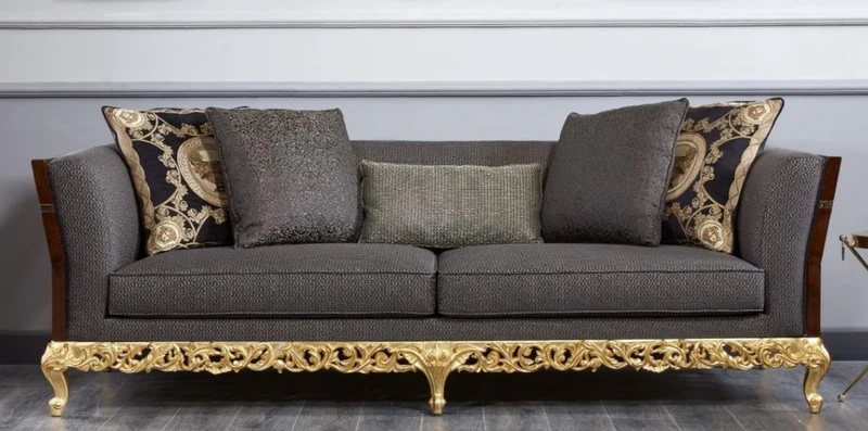 Casa Padrino Luxus Barock Sofa Grau / Dunkelbraun / Gold - Prunkvolles Wohnzimmer Sofa - Barockstil Wohnzimmer Möbel - Luxus Möbel im Barockstil - Barock Einrichtung - Edel & Prunkvoll