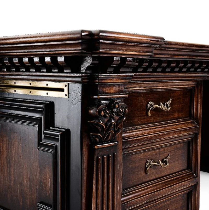 Casa Padrino Luxus Landhausstil Schreibtisch Braun / Schwarz / Grün 243,5 x 99 x H. 79 cm - Massivholz Bürotisch - Landhausstil Büro Möbel - Massivholz Büro Möbel - Luxus Büro Möbel