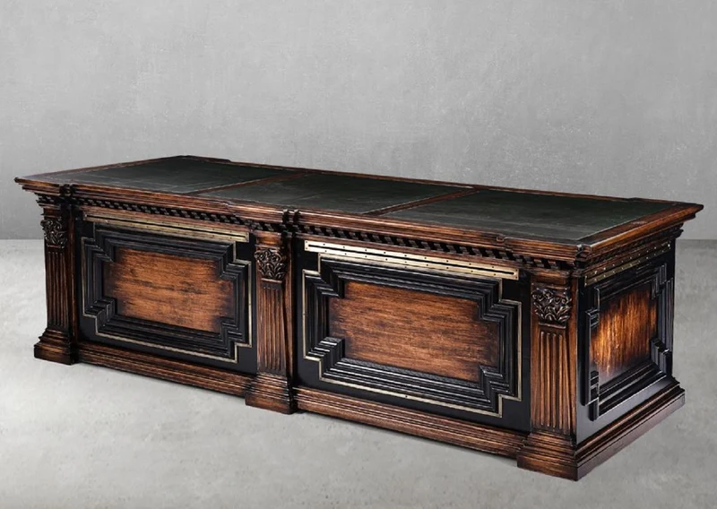 Casa Padrino Luxus Landhausstil Schreibtisch Braun / Schwarz / Grün 243,5 x 99 x H. 79 cm - Massivholz Bürotisch - Landhausstil Büro Möbel - Massivholz Büro Möbel - Luxus Büro Möbel